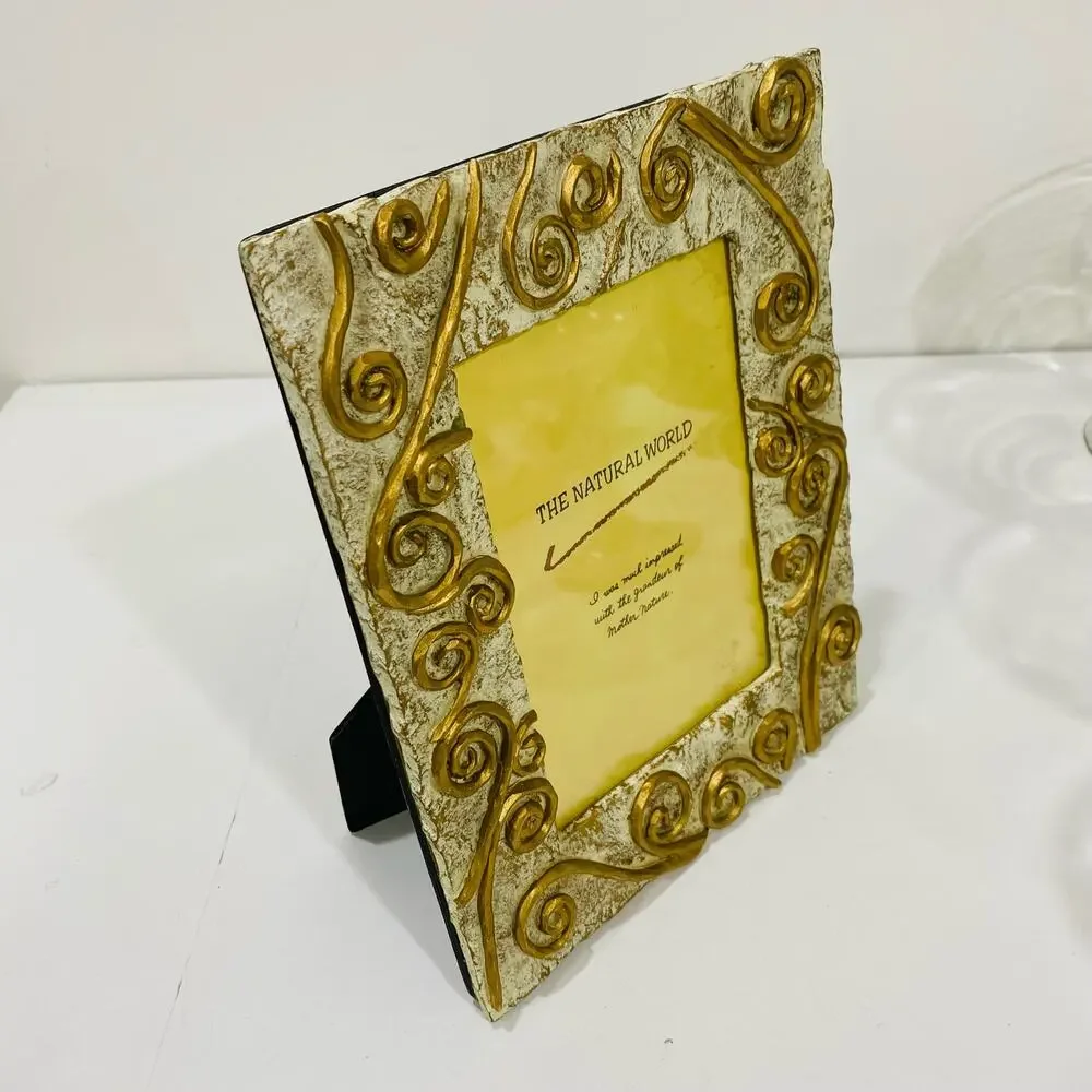 The Natural World Photo Picture Frame Whimsical White & Goldtone Mod Stone Look